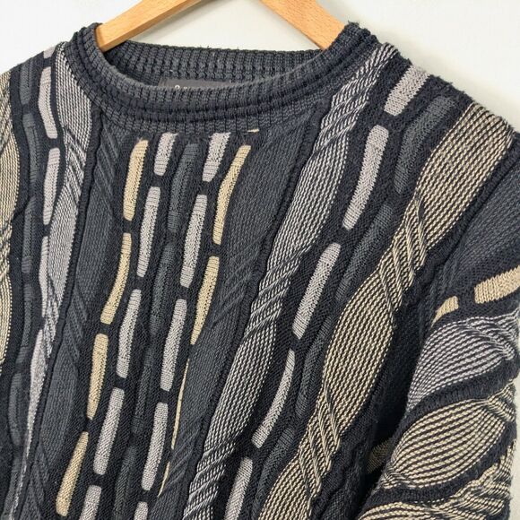 Vintage Dad Sweater L Black Gray Tan 90s 3D Knit Stripe Biggie Cosby Chunky Crew - Picture 1 of 9